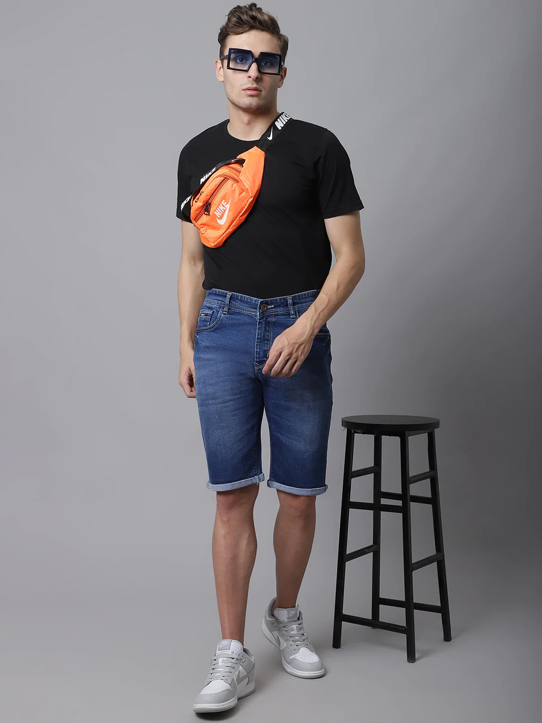 Men Blue Washed Slim Fit Cotton Denim Shorts