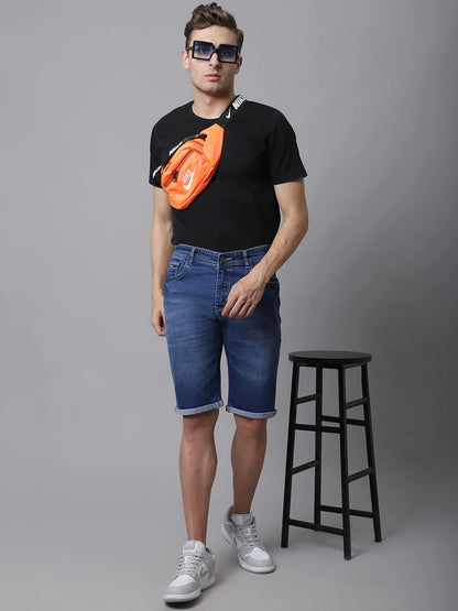 Men Blue Washed Slim Fit Cotton Denim Shorts