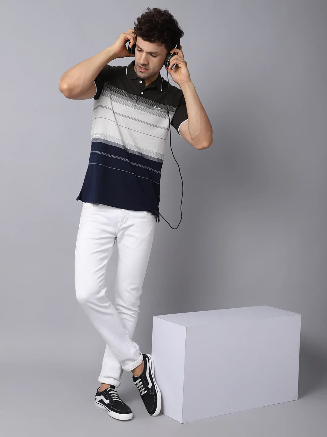 Black white striped polo top shirt