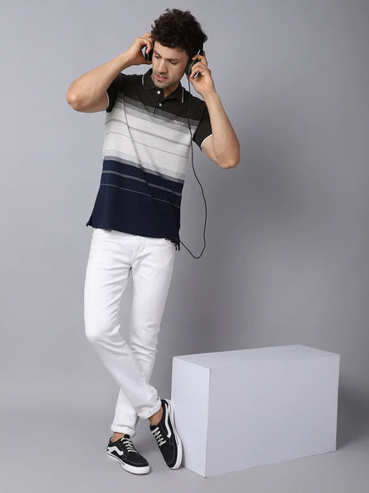 Men Black  White Striped Polo Collar Slim Fit T-shirt