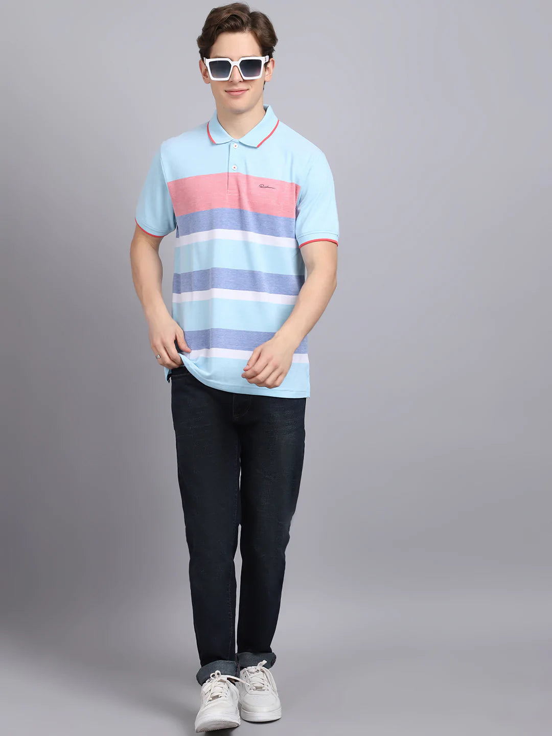 Men Blue Striped Polo Collar Slim Fit T-shirt