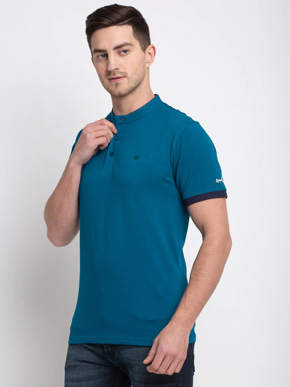 Men Blue Solid Henley Neck T-shirt