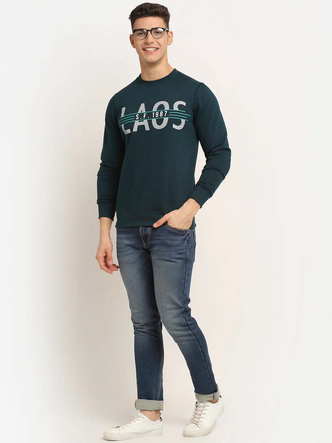 Men Teal Blue Printed Fleece Sweatshirt
