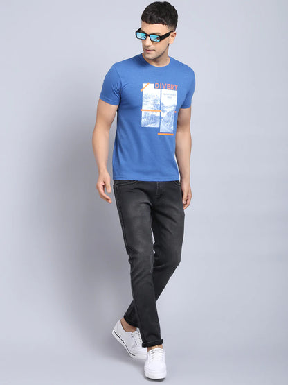 Men Blue  White Printed Slim Fit Cotton T-shirt