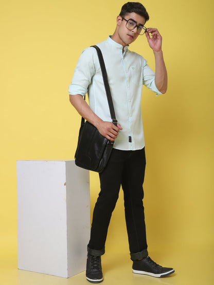 Band Collar Slim Fit Linen Shirt