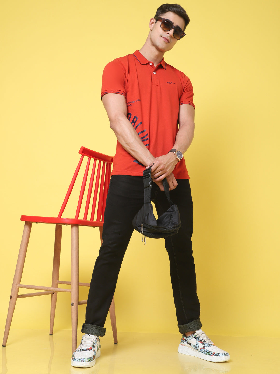 Typography Printed Polo Collar Cotton Slim Fit T-shirt