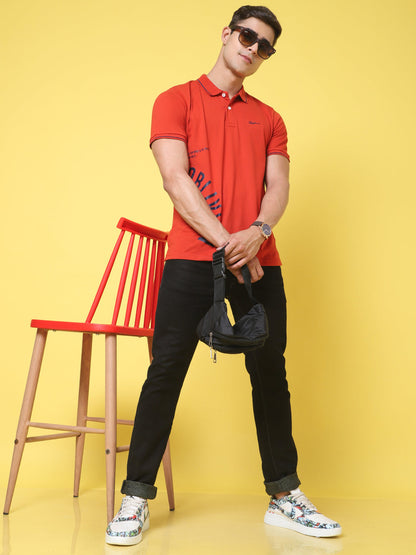 Typography Printed Polo Collar Cotton Slim Fit T-shirt