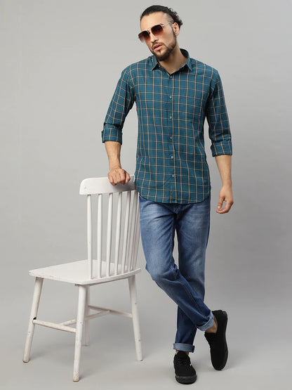 Men Blue Slim Fit Checked Casual Shirt
