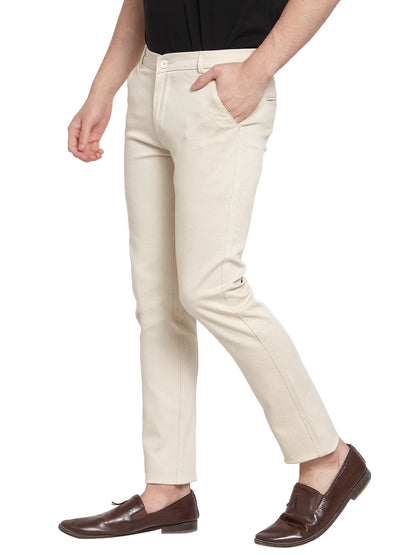 Men Beige Slim Fit Self Design Regular Trousers