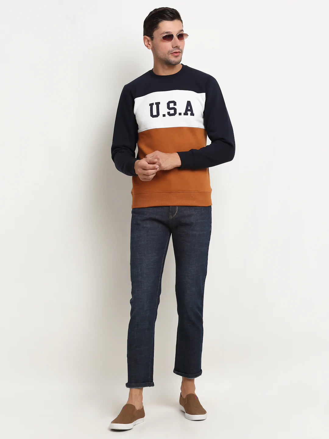 Men Mustard Yellow  White Colourblocked Fleece Sweatshirt
