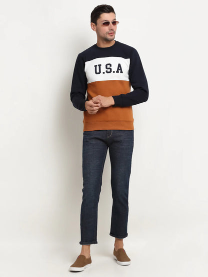 Men Mustard Yellow  White Colourblocked Fleece Sweatshirt