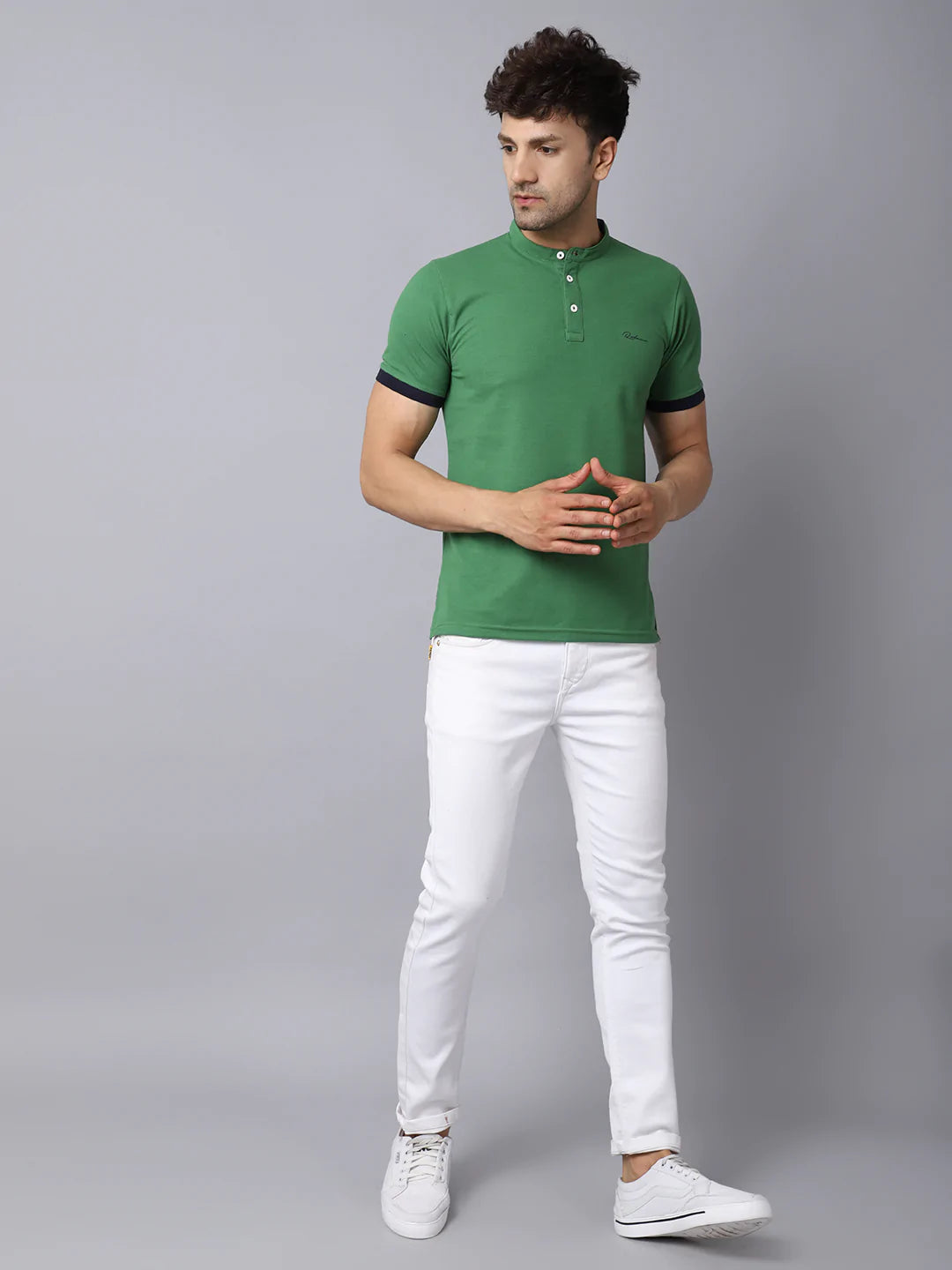 Men Green Mandarin Collar Slim Fit T-shirt