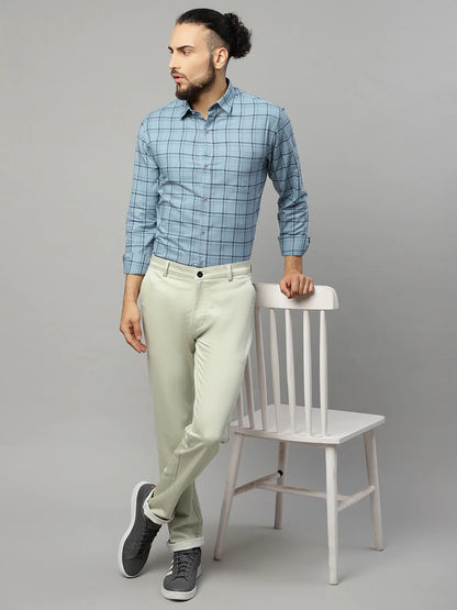 Men Blue Tartan Checked Slim Fit Casual Shirt