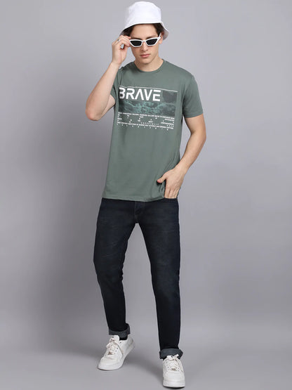 Men Grey Printed Applique Slim Fit T-shirt