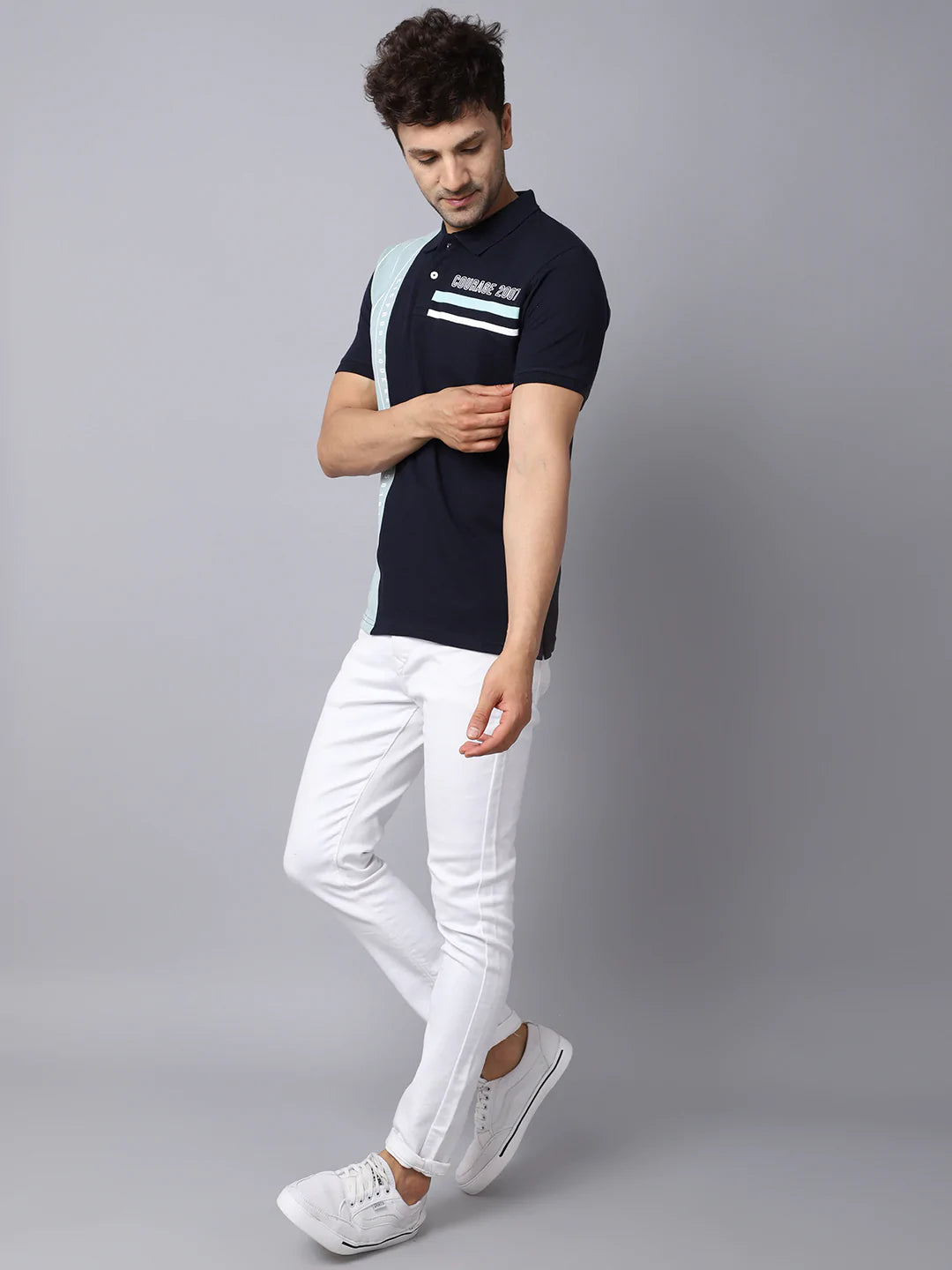 Men Multicoloured Striped Polo Collar Slim Fit T-shirt