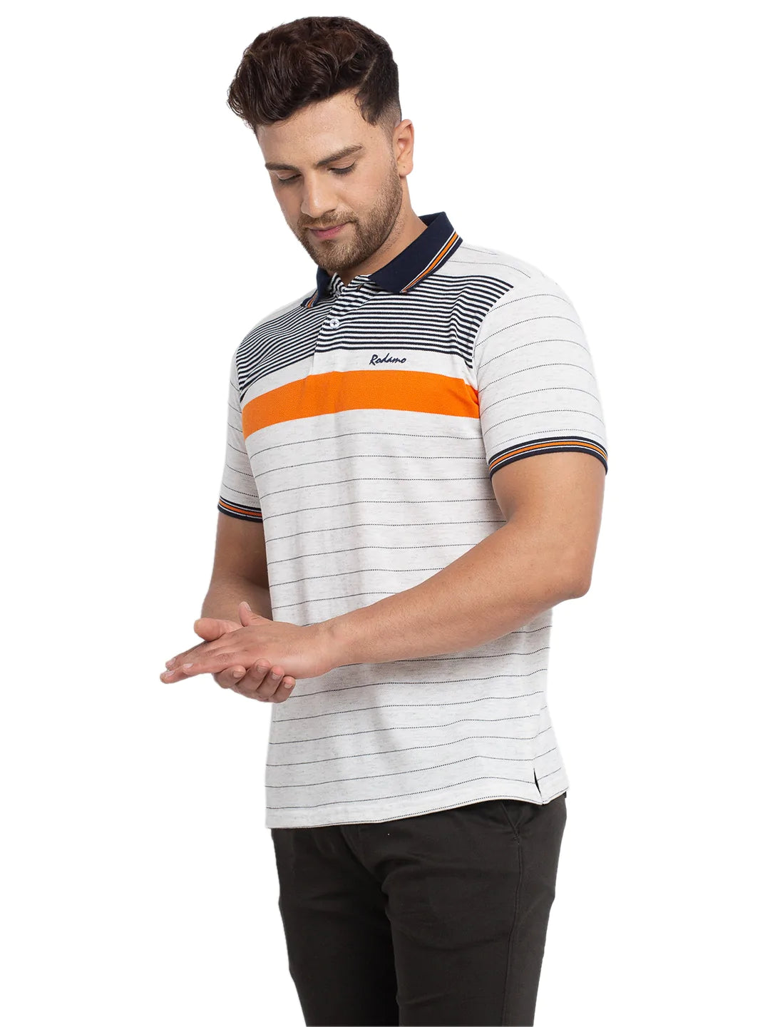 Men Off-White Striped Polo Collar T-shirt