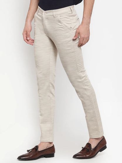 Men Beige Slim Fit Striped Regular Trousers