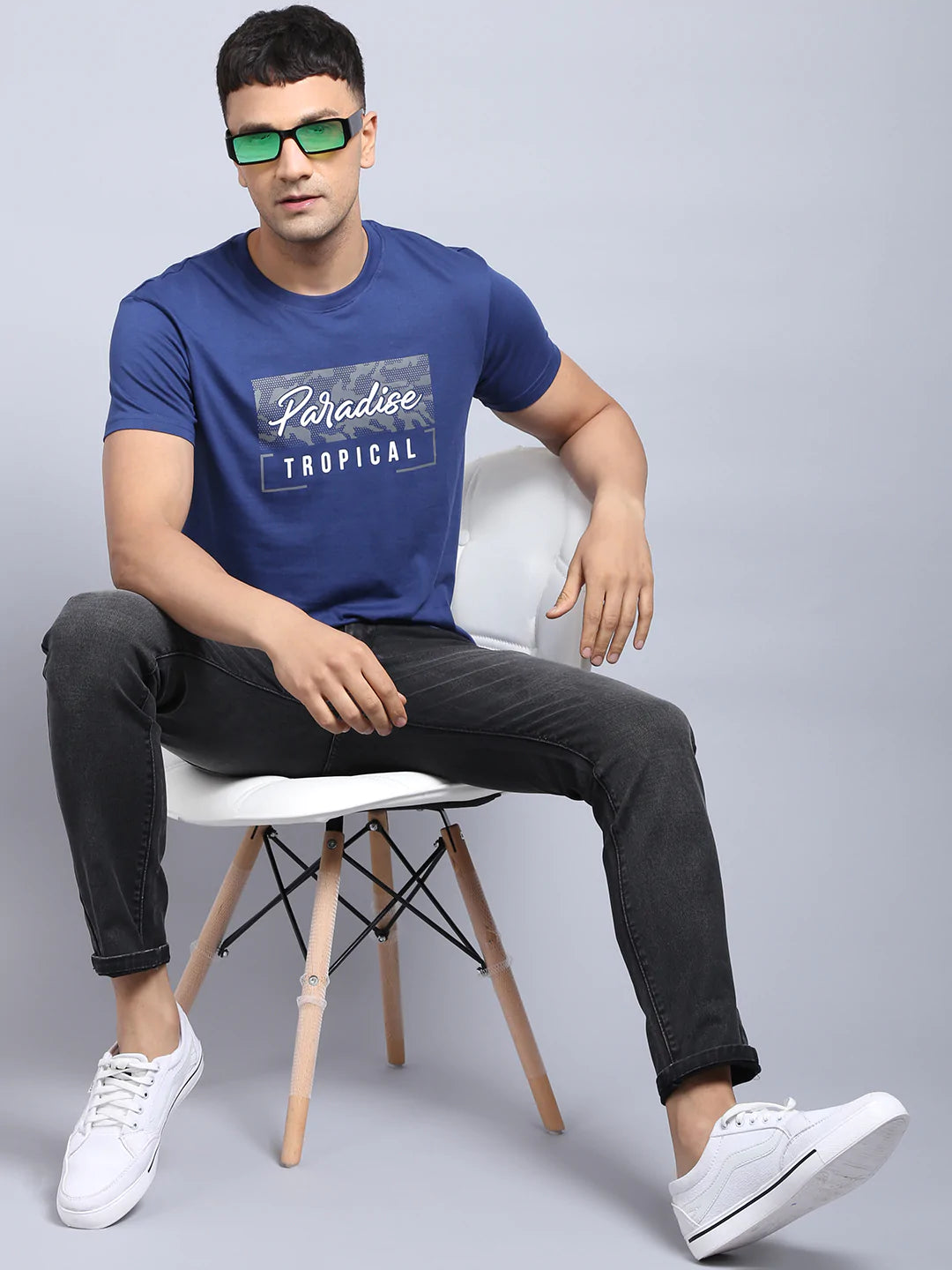 Men Blue  White Typography Printed Slim Fit Cotton T-shirt