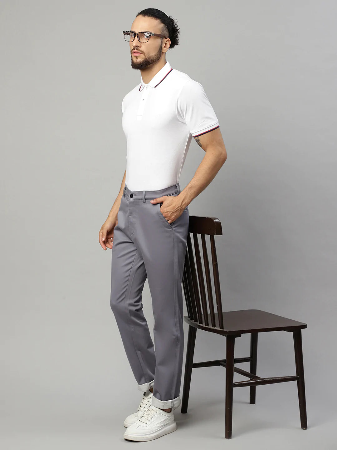 Men Grey Solid Cotton Slim Fit Chinos