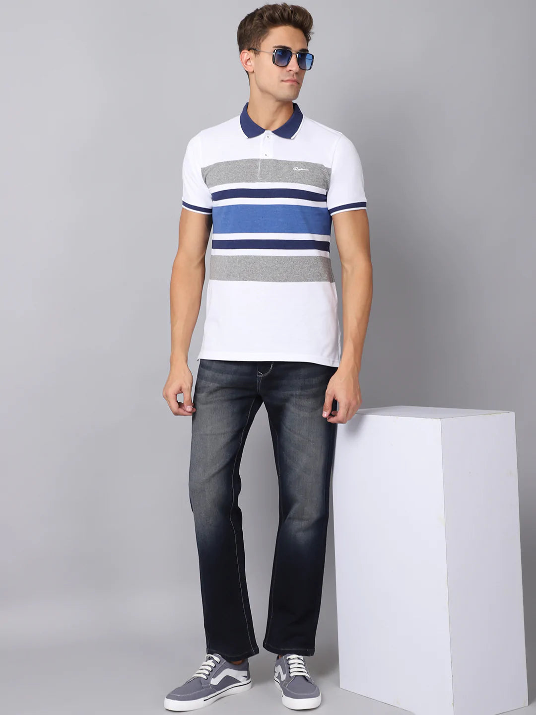 Men Multicoloured  magnolia Striped Polo Collar Slim Fit T-shirt