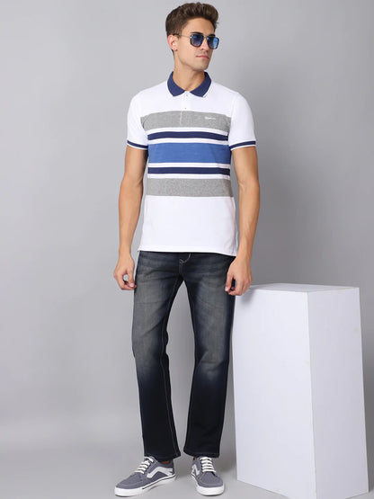 Men Multicoloured  magnolia Striped Polo Collar Slim Fit T-shirt