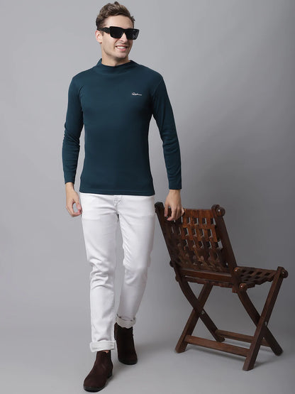 Men Teal High Neck Applique Slim Fit Cotton T-shirt