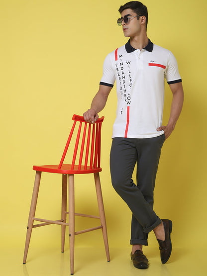 Typography Printed Polo Collar Cotton Slim Fit T-shirt