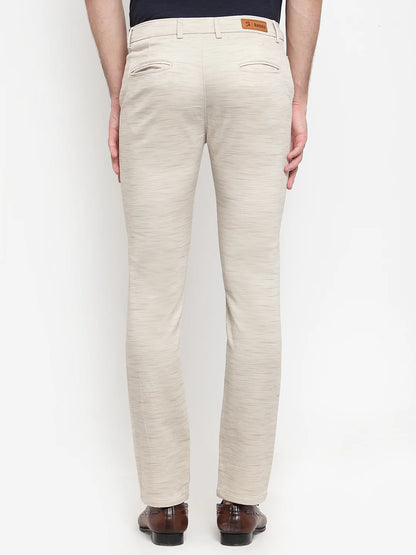 Men Beige Slim Fit Striped Regular Trousers