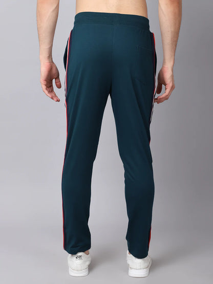 Men Teal Green Solid Slim Fit Track Pants With Side Stripes