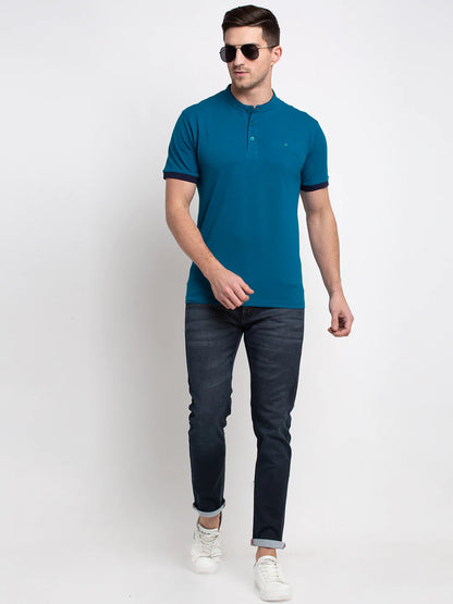 Men Blue Solid Henley Neck T-shirt