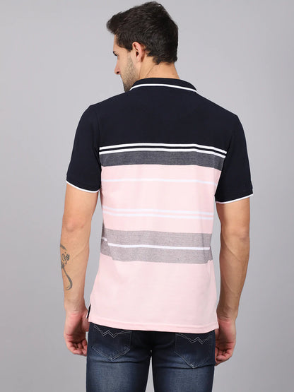 Men Pink  Black Striped Polo Collar Slim Fit T-shirt