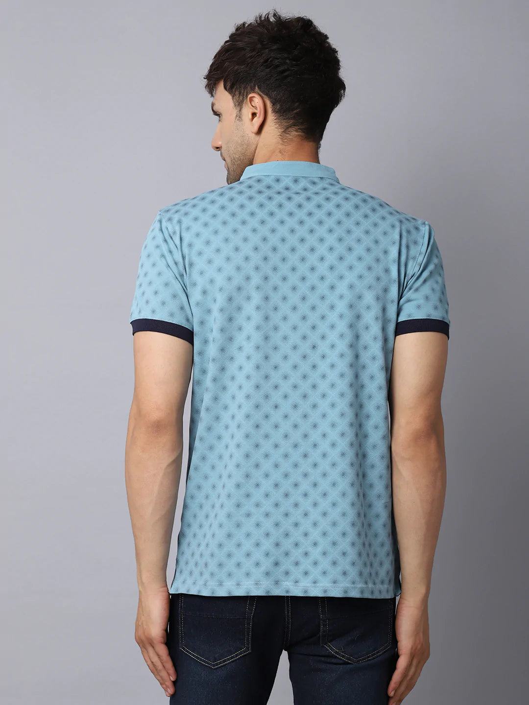 Men Blue Printed Mandarin Collar Slim Fit T-shirt