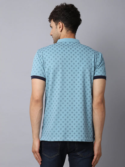 Men Blue Printed Mandarin Collar Slim Fit T-shirt