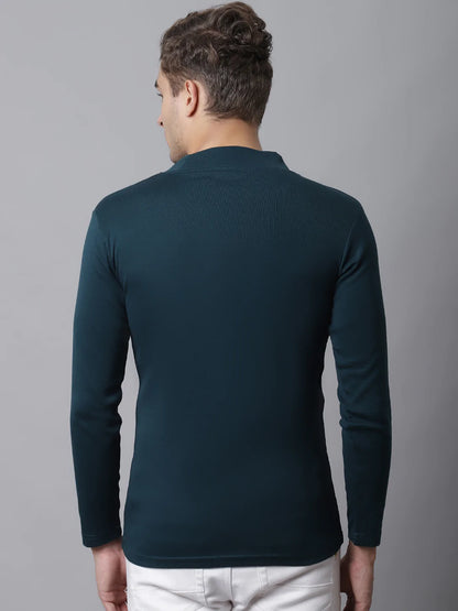 Men Teal High Neck Applique Slim Fit Cotton T-shirt