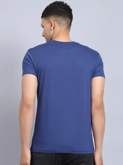 Men Blue  White Typography Printed Slim Fit Cotton T-shirt