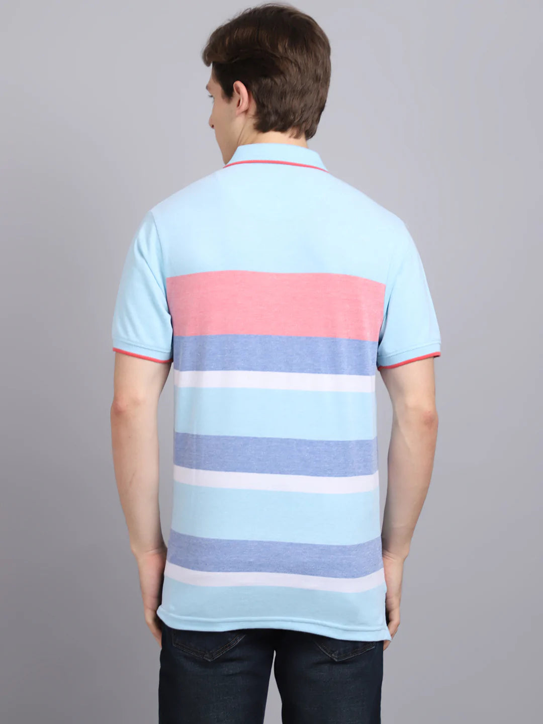 Men Blue Striped Polo Collar Slim Fit T-shirt