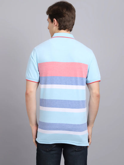 Men Blue Striped Polo Collar Slim Fit T-shirt