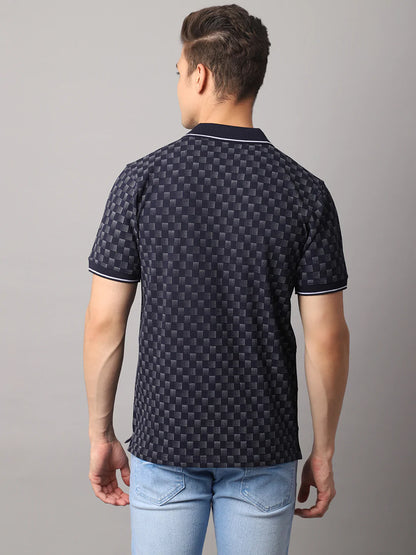 Men Navy Blue Printed Polo Collar Slim Fit Cotton T-shirt