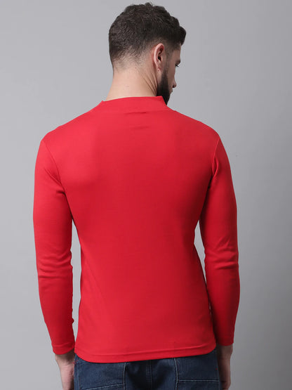Men Red High Neck Slim Fit Cotton T-shirt