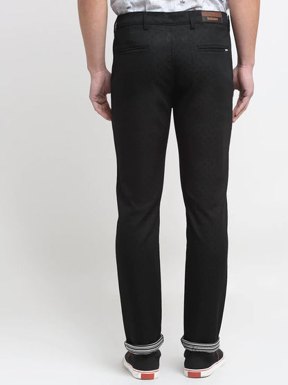 Men Black Self Design Slim Fit Trousers