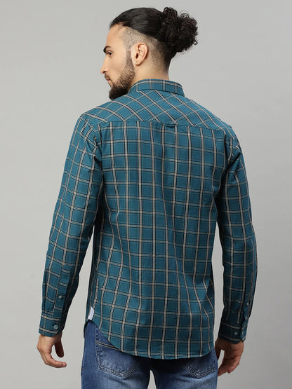 Men Blue Slim Fit Checked Casual Shirt