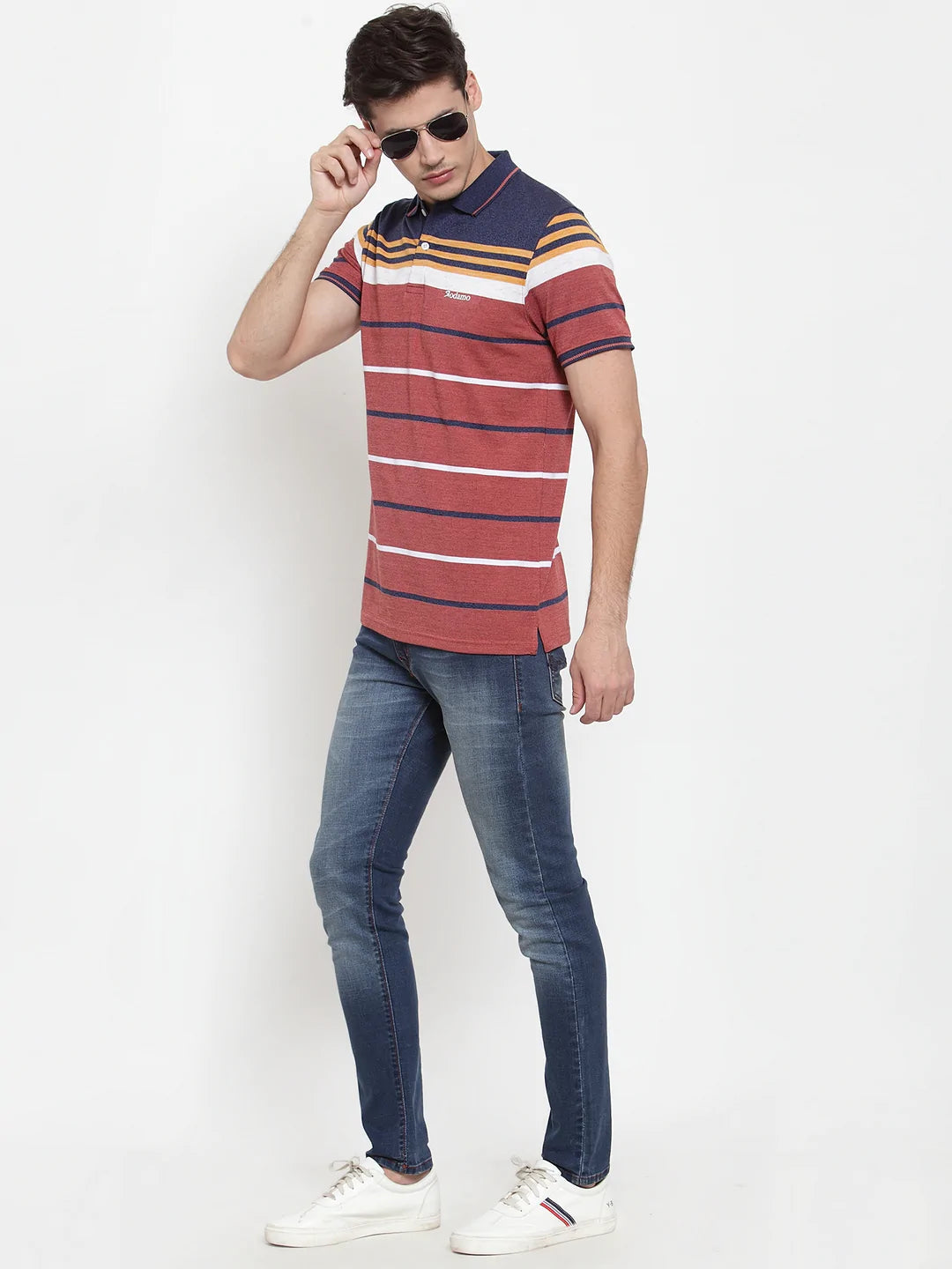 Men Rust Red Striped Polo Collar T-shirt