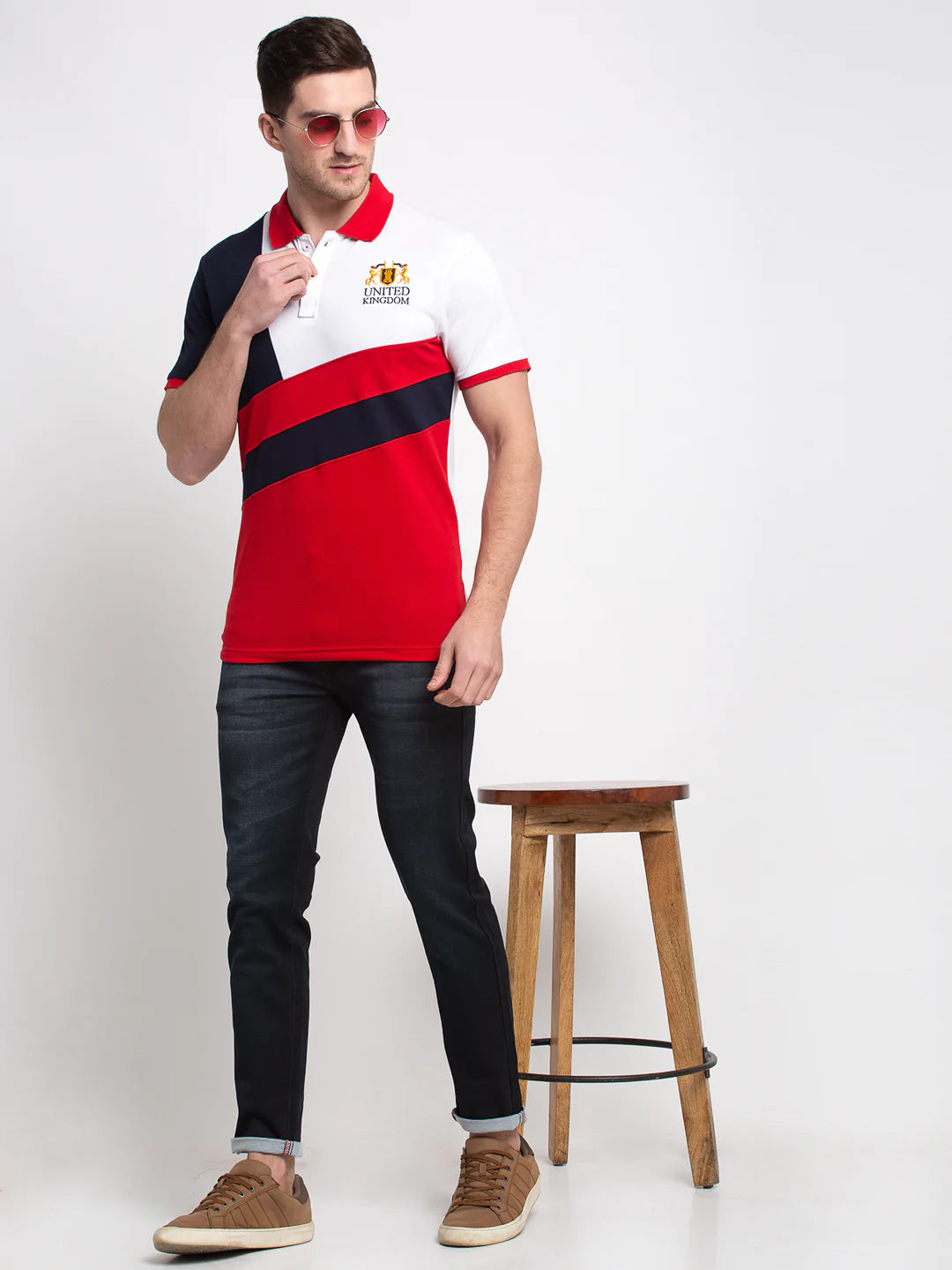 Men Red Colourblocked Polo Collar T-shirt