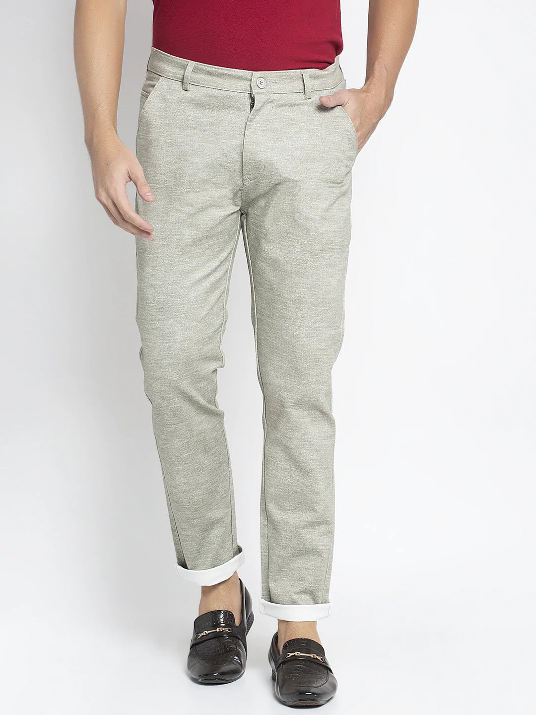 Men Sea Green Slim Fit Solid Regular Trousers