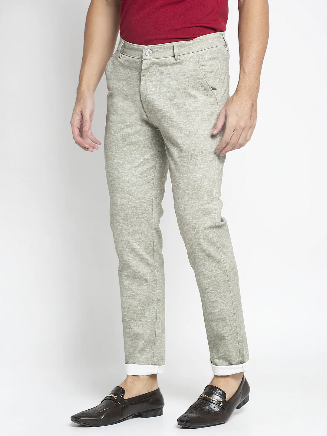 Men Sea Green Slim Fit Solid Regular Trousers