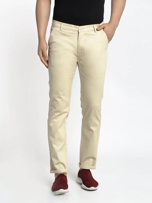 Men Cream-Coloured Slim Fit Solid Regular Trousers