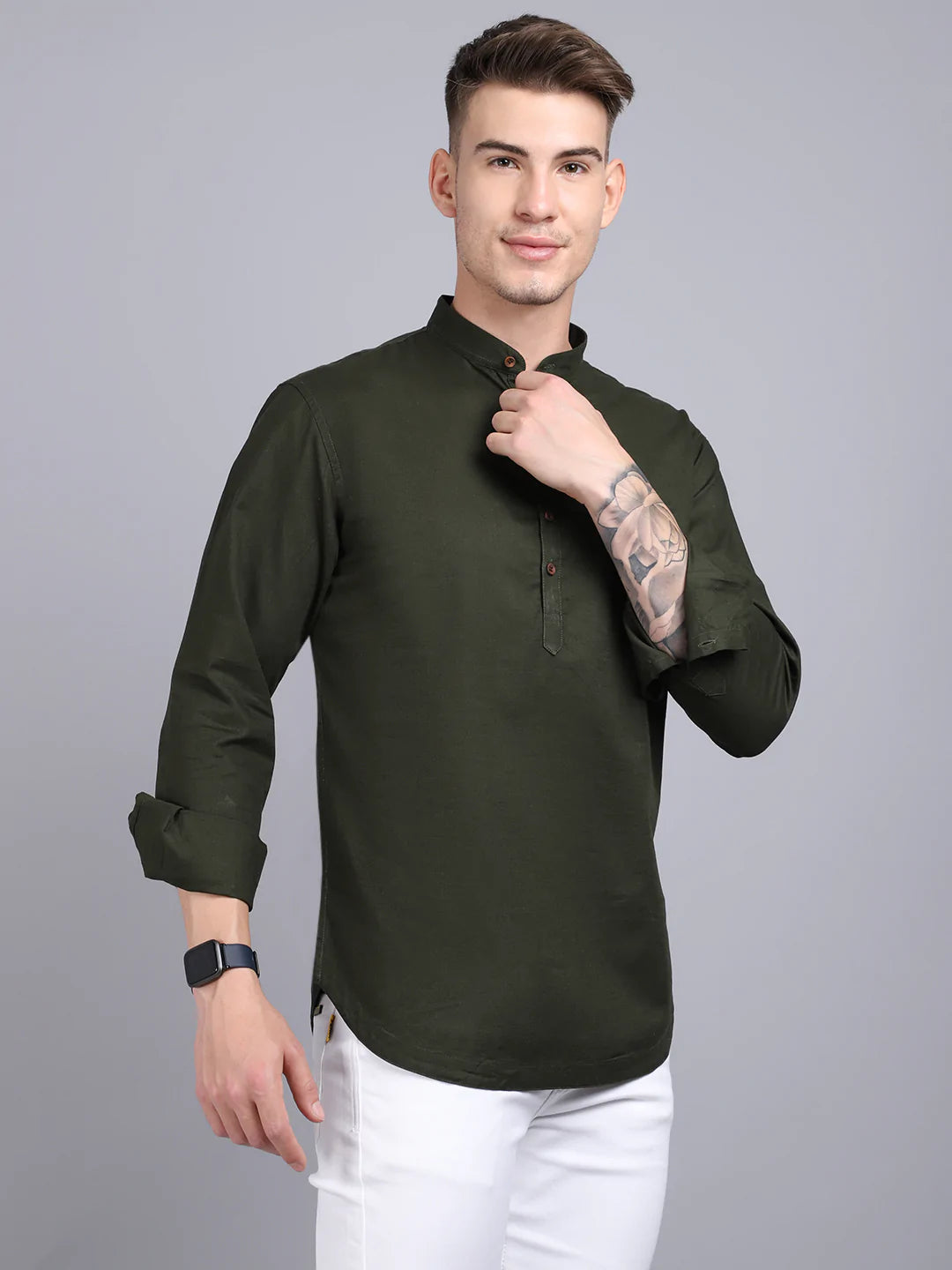 Men Green Solid Slim Fit Casual Kurta