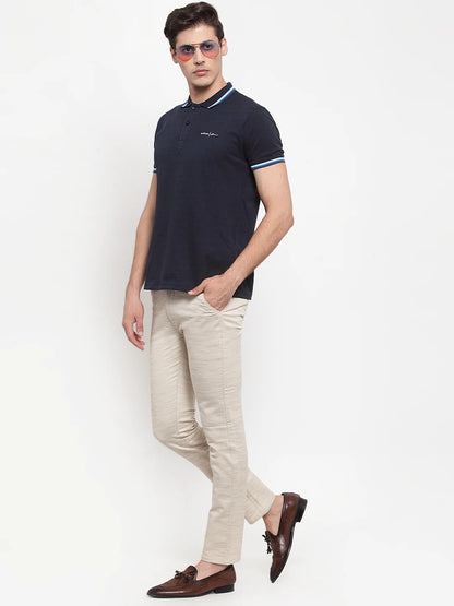 Men Beige Slim Fit Striped Regular Trousers