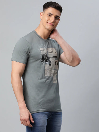 Men Grey Typography Printed Slim Fit T-shirt