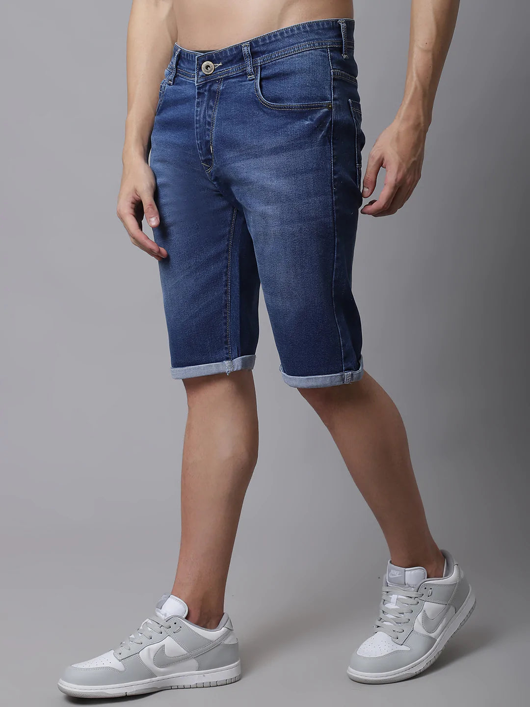 Men Blue Washed Slim Fit Cotton Denim Shorts
